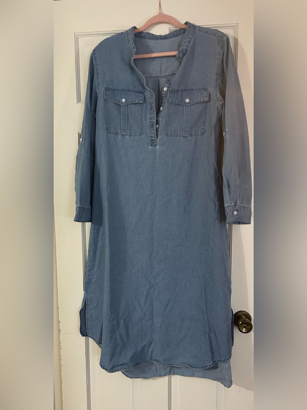 Light Blue Denim-Style Long Sleeve Shirt Dress